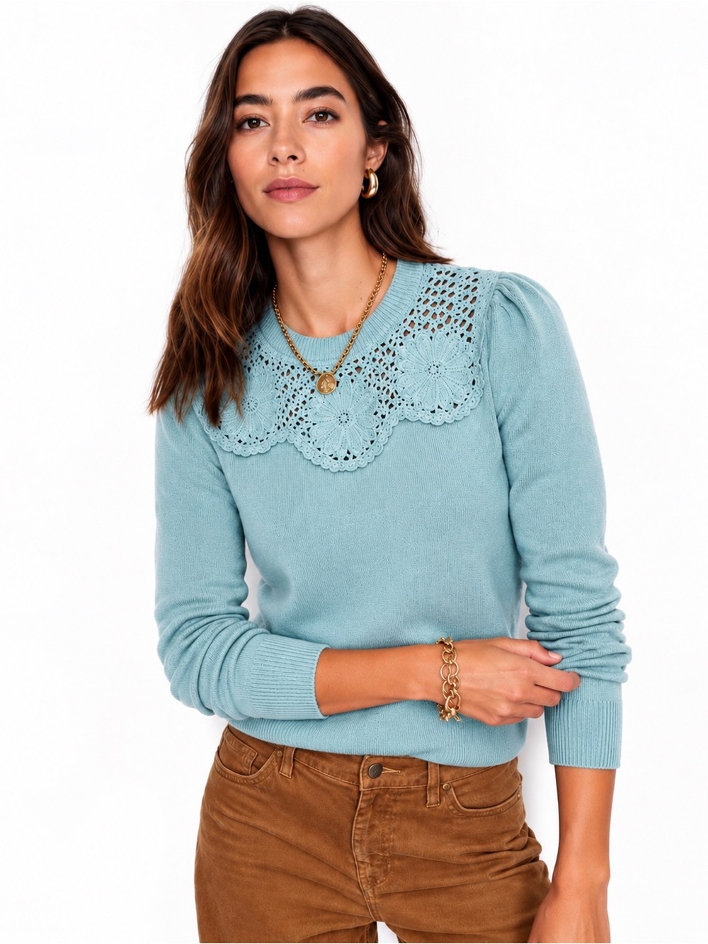 Boden Blue Floral Crochet Wool Alpaca Sweater L